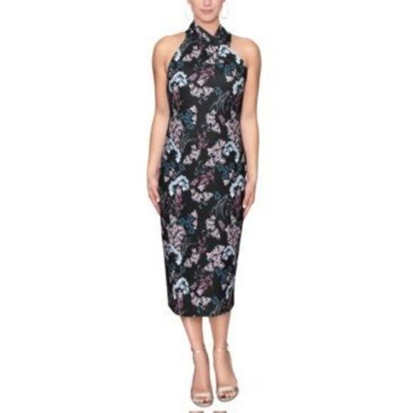 RACHEL RACHEL ROY Womens Black Stretch Pleated Zippered Floral Sleeveless Halter - Picture 1 of 3